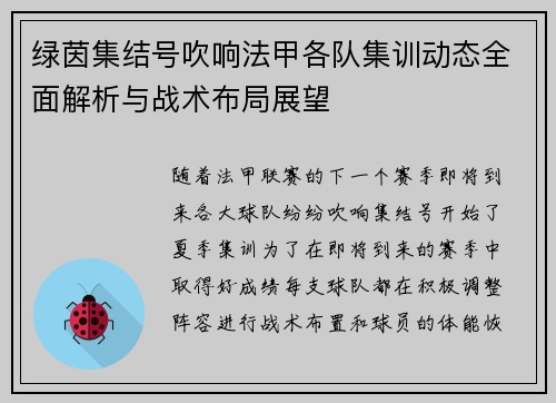 绿茵集结号吹响法甲各队集训动态全面解析与战术布局展望