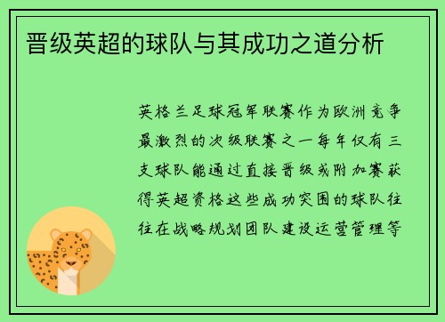 晋级英超的球队与其成功之道分析