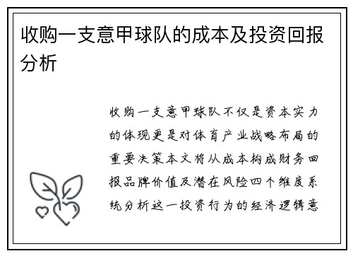 收购一支意甲球队的成本及投资回报分析
